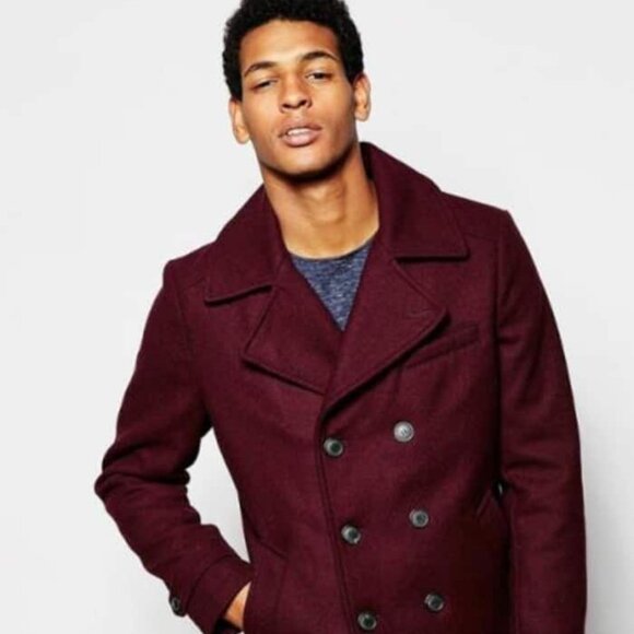 Mens Wool Burgundy ~ Wool Double Breasted Coat ~ Designer men's Wool Peacoa - Picture 1 of 2